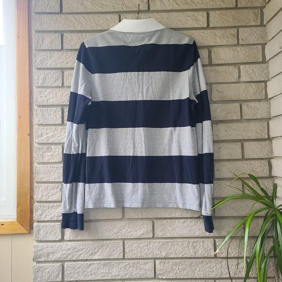Retro 'Tommy Hilfiger' navy/grey striped long-sleeve rugby shirt men's XS - Picture 2 of 3